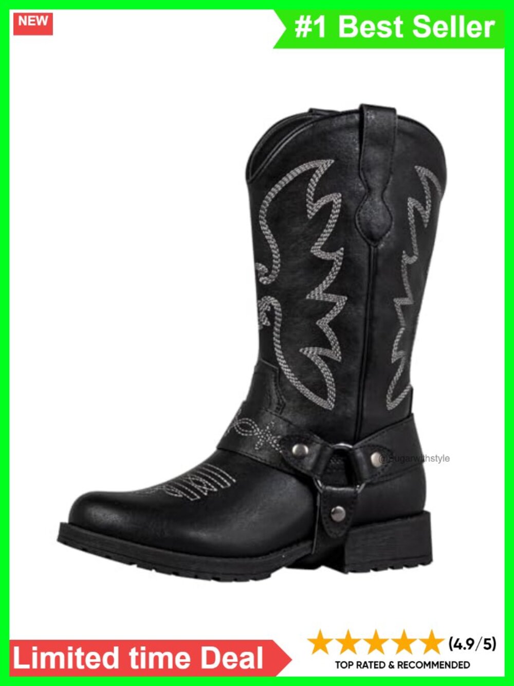 Western Cowgirl Boots Round Toe Mid-Calf Removable Strap